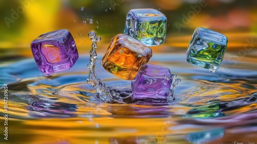 Colorful ice cubes splash into water