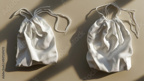 Two plain white drawstring bags, draped and in a soft light