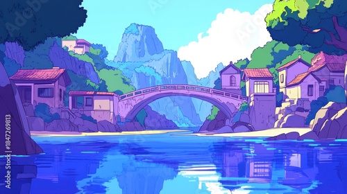 Vibrant village by a river