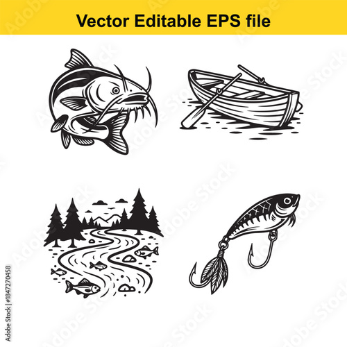  vector editable eps file with fishing icons including catfish, boat, river scene, and fishing lure