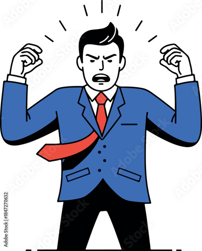 Angry Businessman Shouting with Clenched Fists in Blue Suit and Red Tie