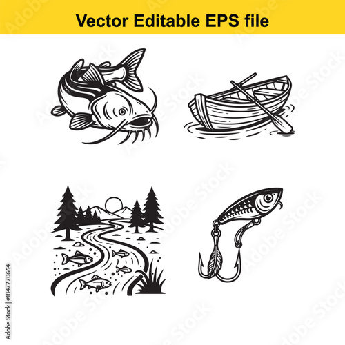  vector editable eps file with four black and white fishing themed illustrations