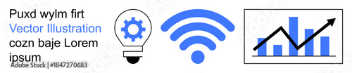 Connectivity, data analysis, innovation, business growth, technology, wireless networks. ion of a wireless signal, gear light bulb and upward trending graph. Connectivity and data analysis