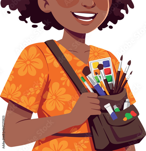Artist Woman Carrying Art Supplies and Painting Tools Orange Floral Dress