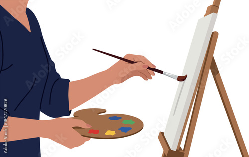 Artist Paints Canvas on Easel with Palette and Brush Simple Flat Illustration