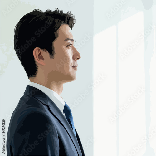 Asian Businessman In Dark Suit Looks Out Bright Window Minimalist Style