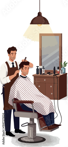 Barber Haircut Scene Flat Illustration with Warm Lighting