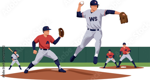 Baseball Pitcher Throwing Ball With Players on Field Flat Vector Art