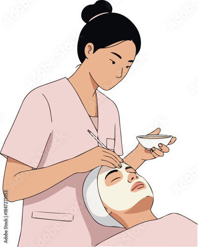 Beautician Applying Face Mask To Woman In Pink Scrub Suit