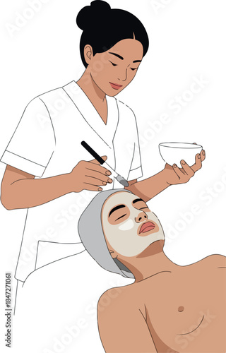 Beautician Applies Facial Mask to Relaxed Man Flat Design Vector Illustration