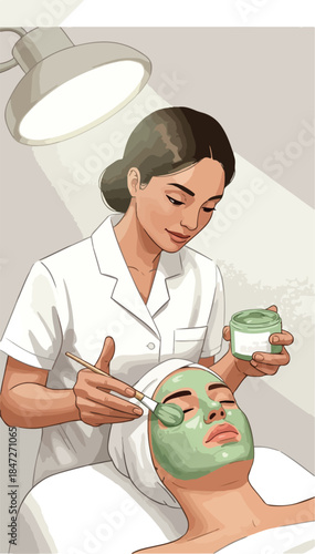 Beautician Applies Green Face Mask to Client Under Bright Spa Light