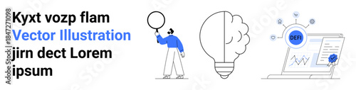 Person holding balloon, creative lightbulb concept, and data insights on a laptop. Ideal for innovation, technology, business, analytics, inspiration, brainstorming and a simple landing page