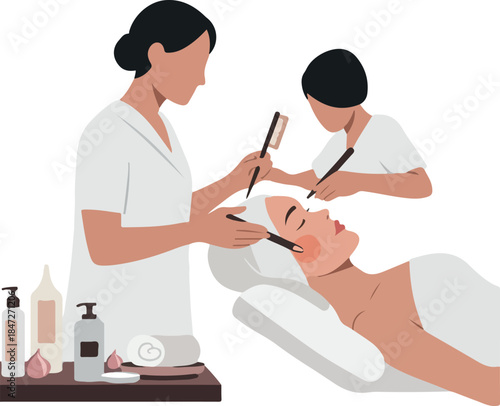 Beauty Treatment With Two Technicians Applying Makeup To A Woman