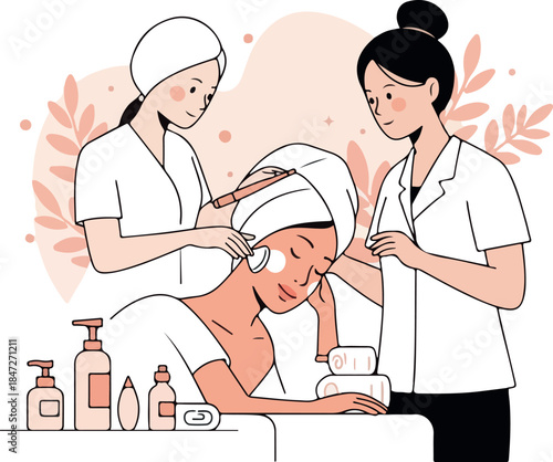 Beauty Spa Treatment Women Pampering Skincare And Massage With Bottles Background