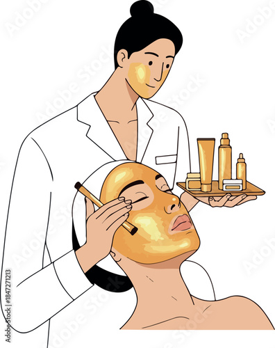 Beauty Treatment Golden Facial Mask Application With Skincare Products