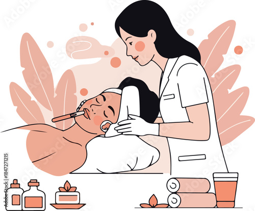 Beauty Spa Treatment Minimal Flat Design Illustration With Woman Receiving Facial Massage
