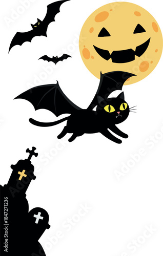 Black Cat Flying Under Spooky Moon Graveyard Bats Halloween Illustration