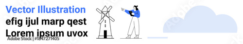 A person extending their arm toward a windmill with minimal design elements and a cloud in the background. Ideal for sustainability, renewable energy, eco-living, nature, presentations, icons, simple