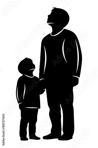 Silhouette of father and small child looking up together holding hands outdoors