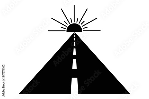Minimalist black and white road leading toward a rising sun icon design