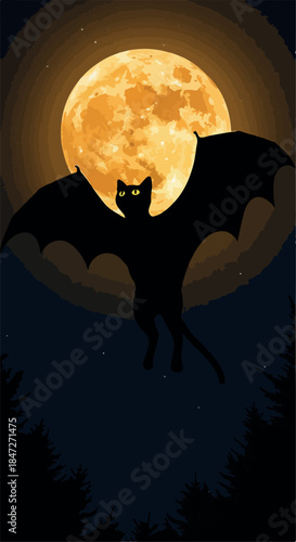 Black Cat With Bat Wings Flying Moonlit Night Forest Silhouette