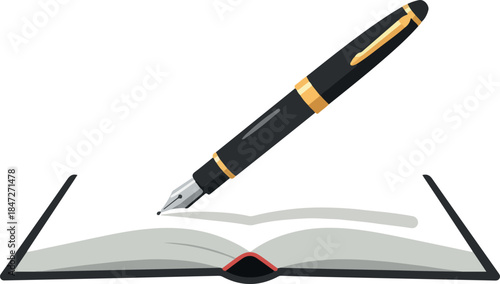 Black Gold Pen Writing On Open Book Isolated Flat Design