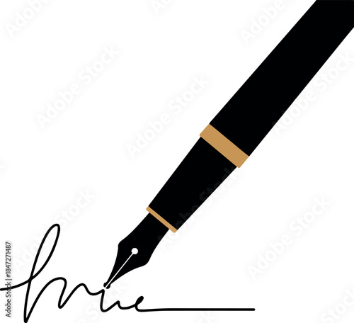 Black Fountain Pen Writing Signature on White Background Flat Design