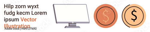 Digital economy, business management, financial planning, e-commerce, online transactions, technology. Computer screen and two dollar icons displayed. Digital economy and business concept