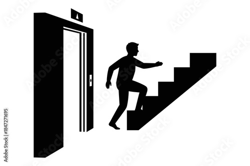 Silhouette of person choosing stairs over elevator for fitness and healthy movement