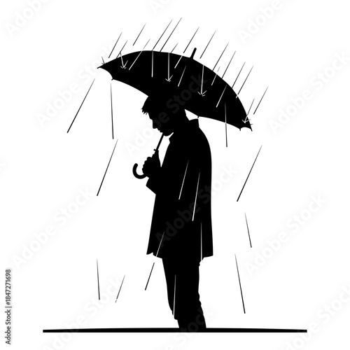 Silhouette of a lonely man holding an umbrella standing in heavy rain