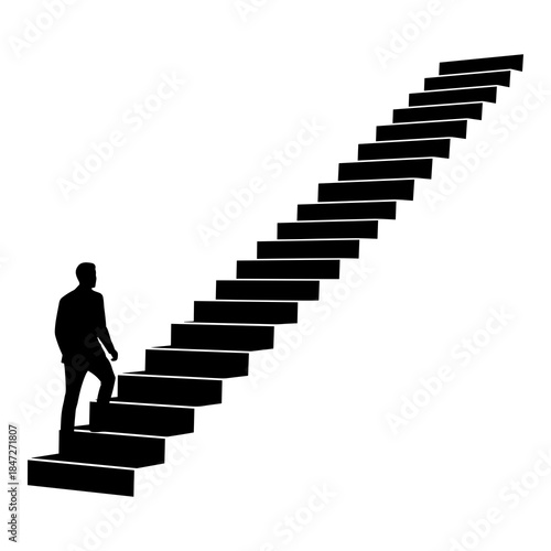 Silhouette of a person climbing a long steep staircase toward success and goals