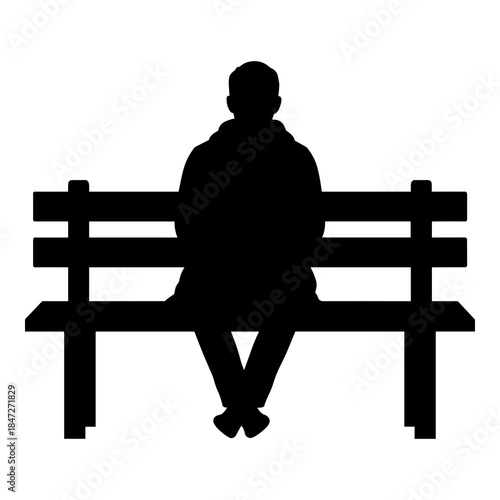 Solitary figure silhouette sitting alone on a park bench against white background