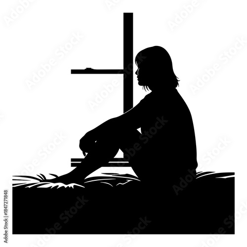 Solitary figure sits by window in stark black and white silhouette illustration