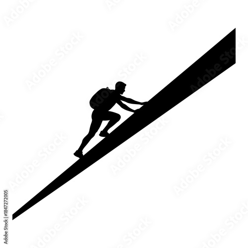 Silhouette of hiker with backpack powerfully climbing a steep incline or mountain
