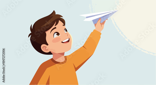 Boy Launches Paper Airplane Towards Sun in Minimalist Orange Sweater