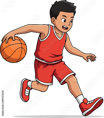 Boy Playing Basketball In Red Outfit White Isolated Background Simple Flat Design