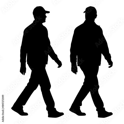 Two male figures walking side view black silhouette isolated on white background