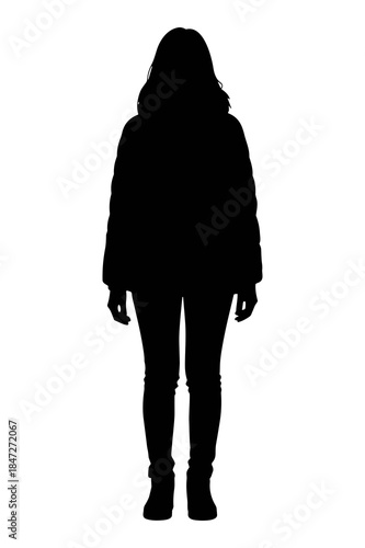 Full body silhouette of a woman standing facing forward against a white background