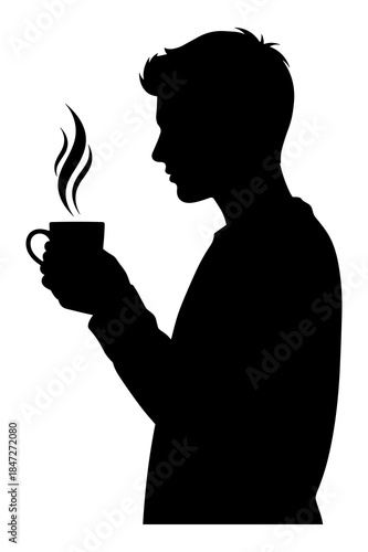 Silhouette of man enjoying a hot steaming beverage from a small cup profile view