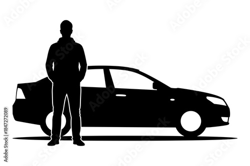 Silhouette of a man standing next to a modern sedan car for transport concept