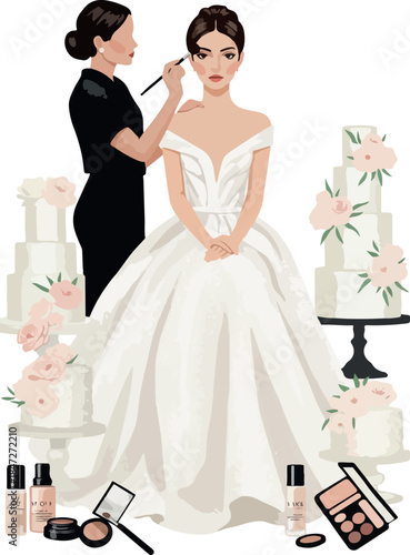 Bride Makeup Artist Applying Makeup White Wedding Dress Cakes Isolated