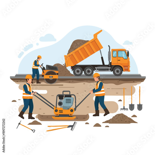 Construction workers operating heavy machinery on site.