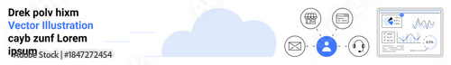 Technology, cloud computing, data analytics, digital tools, network infrastructure, information processing. Cloud icon, user interface network icons and analytics chart. Cloud computing and data