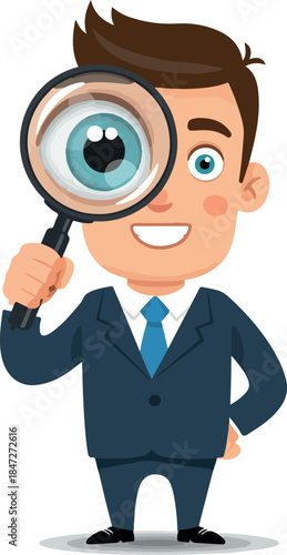 Business Man In Suit Holding Magnifying Glass To Eye Looking With Interest