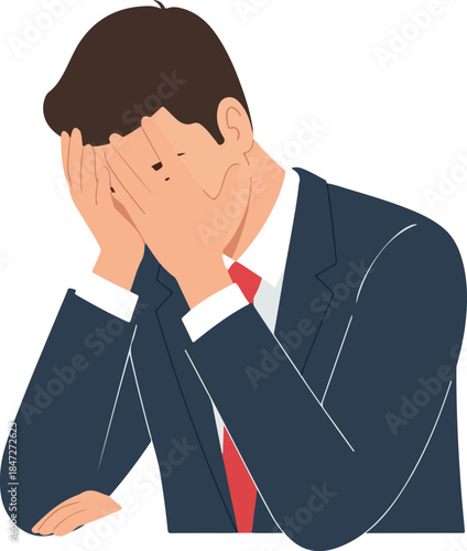 Business Man In Dark Blue Suit And Red Tie Covers Face In Despair Flat Design