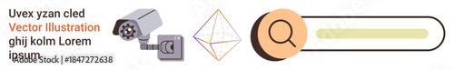 Data security, digital privacy, surveillance, search optimization, technology, communication. Surveillance camera, search bar geometric shape. Data security and digital privacy concept