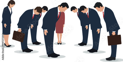 Business People Bowing Deeply In Dark Suits With Red Ties And Briefcases White Background