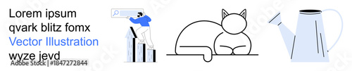 Business strategy, productivity, minimalism, gardening, pet care, artistic design. A person analyzing graphs, a simple cat outline and a watering can. Business strategy and productivity