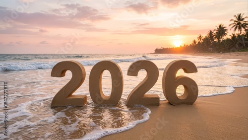 New year 2026 celebration on a tropical beach at sunset