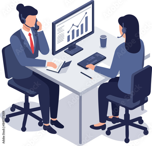 Business Team Meeting Analysis Chart with People Talking on Phones